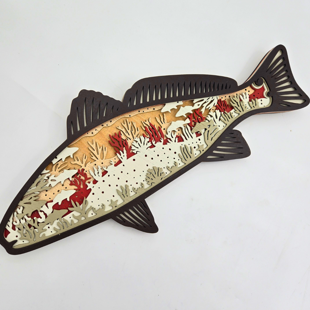 "Coral Fish" 7 Layer Laser Cut Wood Art in Brown Red & Black w/ Underwater Scene