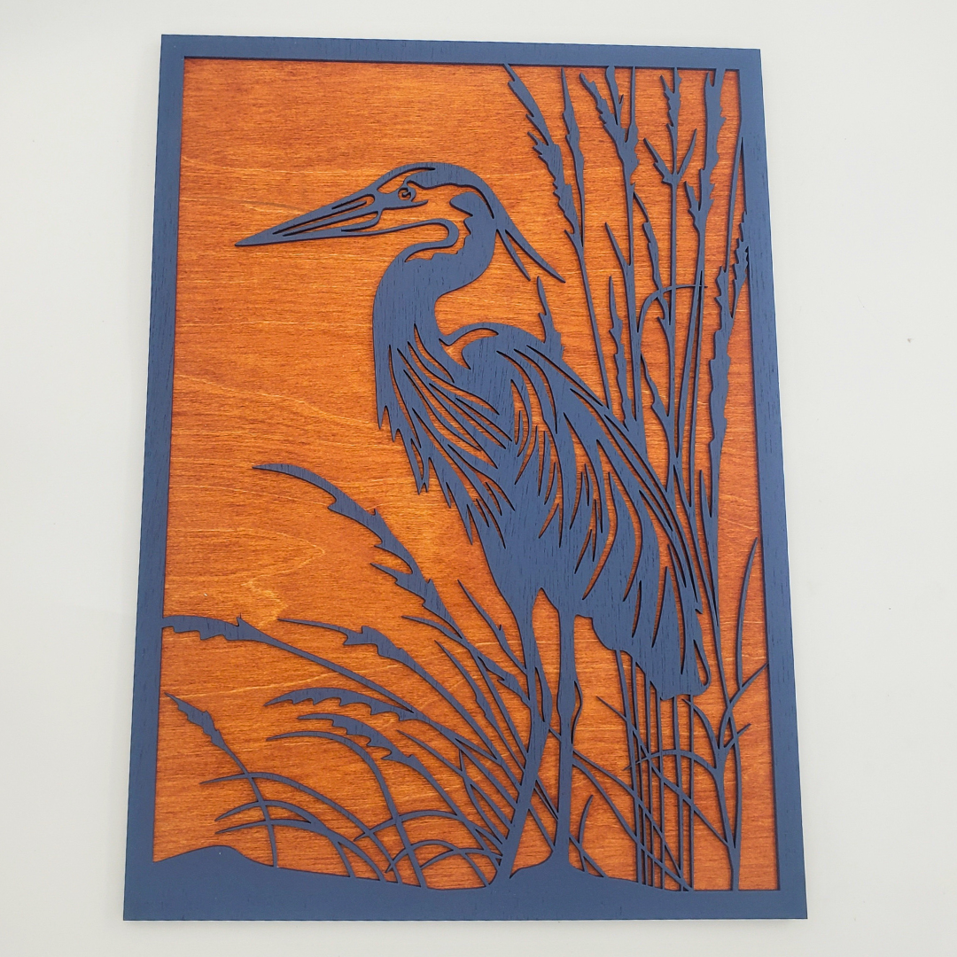 "Heron" Laser Cut Blue Wood Art w/ Wood Backing