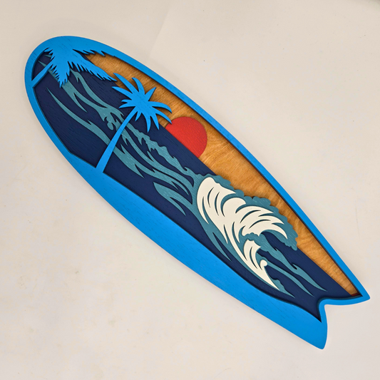 "Surfboard" 5 Layer Laser Cut Wood Art in Blue w/ Beach Scene