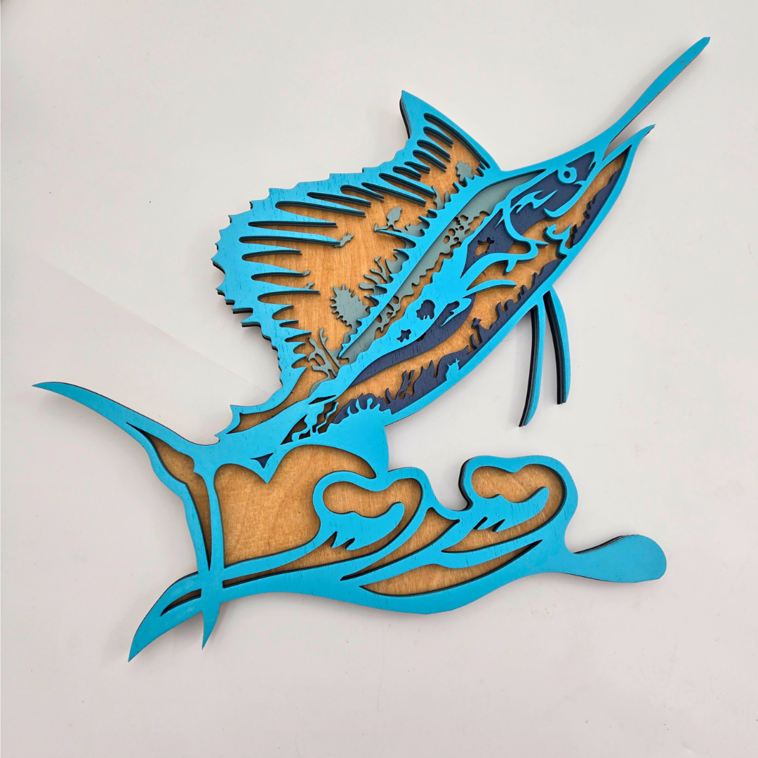 "Swordfish" 4 Layer Laser Cut Wood Art in Blue