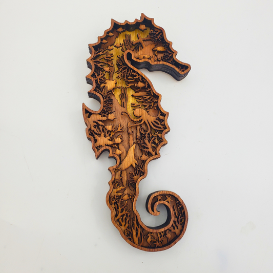 Multilayered Wood Toned Seahorse Art